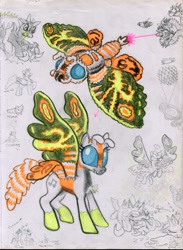 Size: 2247x3071 | Tagged: safe, artist:ja0822ck, derpibooru import, kaiju, kaiju pony, gigan, godzilla, godzilla (series), king ghidorah, mothra, traditional art