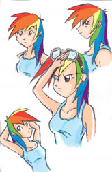 Size: 1148x1747 | Tagged: safe, artist:frankaraya, derpibooru import, rainbow dash, human, 2011, arm behind head, bare shoulders, clothes, female, humanized, multicolored hair, rainbow hair, sleeveless, tanktop