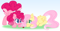 Size: 2644x1382 | Tagged: safe, artist:computershits, derpibooru import, fluttershy, pinkie pie, insect, ladybug, pegasus, pony, :o, c:, curious, duo, female, folded wings, gradient background, hoof heart, mare, open mouth, pegasus pinkie pie, race swap, simple background, smiling, spread wings, wings