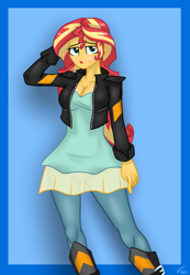 Size: 1280x1846 | Tagged: safe, artist:lennondash, derpibooru import, sunset shimmer, equestria girls, friendship games, arm behind head, blouse, boots, breasts, cleavage, clothes, jacket, leather jacket, shoes, solo, sunset jiggler