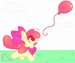 Size: 1130x953 | Tagged: safe, artist:computershits, derpibooru import, apple bloom, earth pony, pony, adorable distress, balloon, belly fluff, chase, cloud, cute, ear fluff, ears, female, grass, looking up, open mouth, running, simple background, solo, sweat, sweatdrop