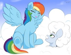 Size: 3200x2500 | Tagged: safe, artist:astrum, derpibooru import, rainbow dash, soarin', pegasus, pony, fanfic:head in the clouds, :p, chest fluff, cloud, cute, dashabetes, digital art, duo, duo male and female, ear fluff, ears, eyebrows, eyebrows visible through hair, eyes closed, fanfic art, female, frog (hoof), grin, high res, lidded eyes, looking at someone, looking up, male, mare, on a cloud, playful, raised eyebrow, shipping, signature, silly, sitting, sitting on cloud, sky, smiling, soarindash, spread wings, stallion, straight, tongue, tongue out, underhoof, wholesome, wings