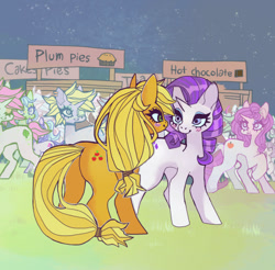 Size: 500x491 | Tagged: safe, artist:soaomyu, derpibooru import, applejack, rarity, oc, earth pony, pony, unicorn, blushing, butt, choker, eye contact, eyepatch, female, looking at each other, mare, smiling, smiling at each other