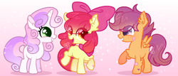 Size: 1400x600 | Tagged: safe, artist:computershits, derpibooru import, apple bloom, scootaloo, sweetie belle, earth pony, pegasus, unicorn, alternate design, alternate hairstyle, arm fluff, bandage, bandaid, base used, blank flank, chest fluff, curly hair, cutie mark crusaders, ear fluff, ears, female, filly, foal, gradient background, grin, lightly watermarked, looking at each other, looking at someone, pink background, raised hoof, raised leg, show accurate, simple background, smiling, sparkles, trio, watermark