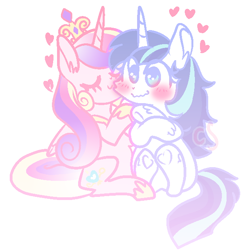 Size: 640x640 | Tagged: safe, artist:computershits, derpibooru import, gleaming shield, princess cadance, shining armor, alicorn, unicorn, blushing, crossed arms, crown, duo, female, flustered, gleaming cadance, half r63 shipping, heart, hoof shoes, jewelry, lesbian, lightly watermarked, nuzzling, regalia, rule 63, shiningcadance, shipping, simple background, sitting, watermark, white background