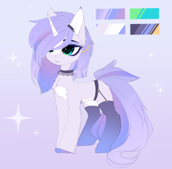 Size: 3970x3887 | Tagged: safe, artist:magnaluna, derpibooru import, oc, oc only, oc:opal dreamstone, pony, unicorn, adoptable, chest fluff, clothes, coat markings, color palette, ear fluff, ears, female, full body, garter belt, high res, hooves, horn, jewelry, makeup, mare, reference sheet, socks, solo, standing, stockings, tail, thigh highs, unicorn oc