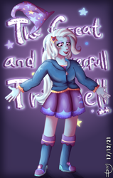 Size: 1908x3000 | Tagged: safe, artist:loohisgod27, derpibooru import, trixie, equestria girls, rainbow rocks, blushing, boots, breasts, clothes, eyebrows, fanart, female, great and powerful, hairpin, hand, hat, high res, hoodie, looking at you, open mouth, open smile, shoes, skirt, smiling, solo, titsie, trixie's hat