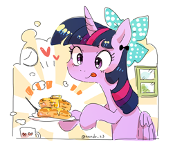 Size: 2124x1848 | Tagged: safe, artist:nendo, derpibooru import, twilight sparkle, twilight sparkle (alicorn), alicorn, pony, bow, food, hair bow, heart, licking, licking lips, mug, pancakes, solo, tongue, tongue out, window