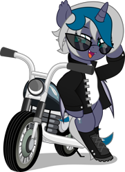Size: 3625x5000 | Tagged: safe, artist:jhayarr23, derpibooru import, oc, oc only, oc:elizabat stormfeather, alicorn, bat pony, bat pony alicorn, pony, alicorn oc, badass, bat pony oc, bat wings, biker, bipedal, boots, clothes, commission, cool, fangs, female, horn, jacket, leather jacket, mare, motorcycle, open mouth, shirt, shoes, simple background, solo, sunglasses, t-shirt, transparent background, wings, ych result