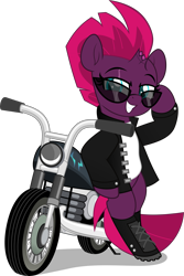 Size: 3337x4999 | Tagged: safe, artist:jhayarr23, derpibooru import, fizzlepop berrytwist, tempest shadow, pony, unicorn, badass, biker, bipedal, boots, broken horn, clothes, commission, cool, eye scar, female, grin, horn, jacket, leather jacket, mare, motorcycle, scar, shirt, shoes, simple background, smiling, solo, sunglasses, t-shirt, transparent background, ych result