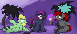 Size: 5130x2321 | Tagged: safe, artist:wallswallswalls, derpibooru import, oc, oc:asphyxia, oc:bwae, oc:lemming, pegasus, pony, unicorn, black vine