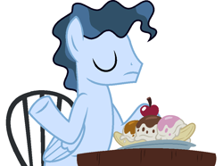 Size: 932x692 | Tagged: safe, artist:moonlightthegriffon, derpibooru import, edit, pegasus, pony, background pony, banana split, base used, chair, eyes closed, food, frown, male, shrug, simple background, solo, stallion, sundae, table, time flies, white background