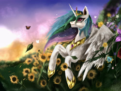 Size: 4000x3000 | Tagged: safe, artist:andley, derpibooru import, princess celestia, alicorn, pony, female, flower, jewelry, leaves, mare, morning, smiling, solo, sun, sunflower