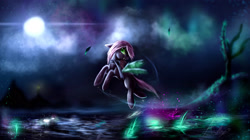 Size: 3547x1993 | Tagged: safe, artist:andley, derpibooru import, oc, oc only, oc:purple haze, changeling, hybrid, cloud, female, flapping wings, flying, glowing, happy, high res, insect wings, leaves, lighthouse, moon, mountain, night, open mouth, open smile, signature, smiling, solo, water, wings