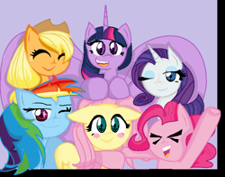 Size: 700x550 | Tagged: safe, artist:manglethemangledtoy, derpibooru import, applejack, fluttershy, pinkie pie, rainbow dash, rarity, twilight sparkle, twilight sparkle (alicorn), alicorn, earth pony, pegasus, pony, unicorn, ><, applejack's hat, blushing, clothes, cowboy hat, ears, eyes closed, eyeshadow, female, floppy ears, hat, horn, legitimately amazing mspaint, makeup, mane six, mare, ms paint, multicolored hair, one eye closed, rainbow hair, smiling, wings, wink