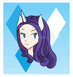 Size: 642x680 | Tagged: safe, artist:manglethemangledtoy, derpibooru import, rarity, human, bust, female, horn, horned humanization, humanized, palindrome get, pony ears, smiling