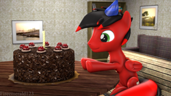 Size: 3840x2160 | Tagged: safe, artist:fireemerald123, derpibooru import, oc, oc only, oc:page feather, pegasus, 3d, birthday, bookshelf, cake, food, hat, painting, party hat, portal (valve), sofa, source filmmaker, the cake is a lie