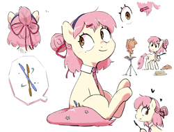 Size: 2500x1900 | Tagged: safe, artist:nendo, derpibooru import, oc, oc only, oc:lily clay, oc:リリークレイ, earth pony, pony, barrette, bow, clay, collar, craft, earth pony oc, hair bow, hair bun, heart, high res, hoof hold, necktie, reference sheet, sculpture, simple background, sitting, solo, white background