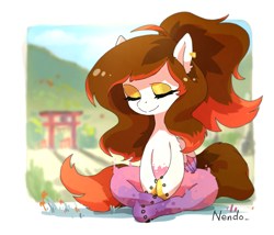 Size: 2385x2040 | Tagged: safe, artist:nendo, derpibooru import, oc, oc only, pegasus, pony, colored hooves, eyes closed, high res, lotus position, meditating, meditation, outdoors, pegasus oc, sitting, torii, unnamed character, unnamed oc, unnamed pony