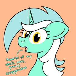 Size: 2000x2000 | Tagged: safe, artist:dafiltafish, derpibooru import, lyra heartstrings, bust, female, mare, orange background, simple background, solo, text