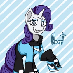 Size: 3000x3000 | Tagged: safe, artist:gloomrotten, derpibooru import, rarity, pony, unicorn, clothes, grin, hoodie, lidded eyes, looking at you, pants, sharp teeth, shoes, smiling, sneakers, solo, teeth