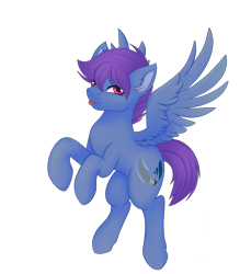 Size: 2626x3000 | Tagged: safe, alternate version, artist:bellfa, derpibooru import, oc, oc only, oc:windy dripper, pegasus, pony, commission, ear fluff, ears, eyelashes, feathered wings, full body, high res, looking at you, male, original art, pink eyes, purple hair, raised leg, simple background, smiling, smiling at you, solo, spread wings, stallion, standing, tongue, tongue out, transparent background, wings, ych result