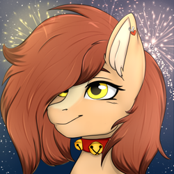 Size: 4050x4050 | Tagged: safe, artist:bellfa, derpibooru import, oc, oc only, pony, bell, bell collar, brown hair, bust, collar, commission, ear fluff, ear piercing, ears, eyelashes, female, golden eyes, hair over one eye, high res, mare, original art, piercing, portrait, smiling, solo, ych result