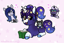 Size: 1150x766 | Tagged: safe, artist:pink-pone, derpibooru import, oc, oc only, oc:moonlight melody, oc:nova stella, oc:pluto, cat, pony, book, female, filly, foal, lying down, mare, prone