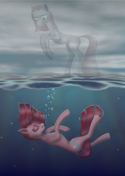 Size: 3508x4960 | Tagged: safe, artist:sstab29, derpibooru import, pinkie pie, earth pony, ghost, pony, undead, blue eyes, bubble, cloud, crepuscular rays, eyes closed, female, flowing mane, flowing tail, mare, ocean, open mouth, pink mane, pinkamena diane pie, sky, solo, sunlight, tail, teeth, underwater, water