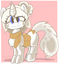 Size: 826x888 | Tagged: safe, artist:malachimoet, derpibooru import, oc, oc only, pony, unicorn, bag, bowtie, clothes, looking at you, milk, milk pony, scarf, solo