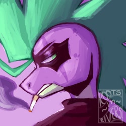 Size: 2000x2000 | Tagged: safe, artist:gothalite, derpibooru import, spike, dragon, bust, cigarette, clothes, face paint, male, purple background, simple background, smoking