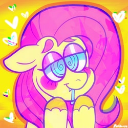 Size: 2048x2048 | Tagged: safe, artist:yumkandie, derpibooru import, fluttershy, pegasus, pony, blushing, drool, error, female, glitch, heart, hypno eyes, sharp teeth, solo, swirly eyes, teeth