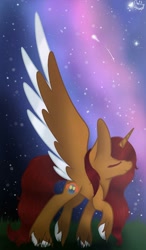 Size: 750x1280 | Tagged: safe, artist:prettyshinegp, derpibooru import, oc, oc only, alicorn, pony, alicorn oc, eyes closed, female, horn, mare, night, raised hoof, raised leg, shooting star, signature, solo, stars, wings