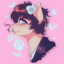 Size: 3500x3500 | Tagged: safe, artist:yumkandie, derpibooru import, earth pony, pony, chest fluff, clothes, error, flower, flower in hair, glitch, heart, heart eyes, male, peace sign, ponified, ringo starr, simple background, smoking, solo, the beatles, wingding eyes