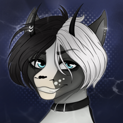 Size: 4050x4050 | Tagged: safe, artist:bellfa, derpibooru import, oc, oc only, oc:viscount, pony, blue eyes, bust, collar, commission, ear piercing, fangs, grin, high res, horn, horn piercing, horns, looking at you, male, original art, piercing, portrait, smiling, smiling at you, solo, ych result