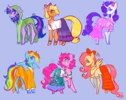 Size: 2048x1621 | Tagged: safe, artist:yumkandie, derpibooru import, applejack, fluttershy, pinkie pie, rainbow dash, rarity, twilight sparkle, unicorn twilight, earth pony, pegasus, pony, unicorn, bow, clothes, cosplay, costume, crossover, curved horn, dress, encanto, female, glasses, hair bow, horn, mane six, mare, poncho, ponified, simple background