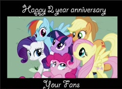 Size: 744x546 | Tagged: safe, derpibooru import, edit, edited screencap, screencap, applejack, fluttershy, pinkie pie, rainbow dash, rarity, twilight sparkle, unicorn twilight, earth pony, pegasus, pony, unicorn, anniversary, artifact, mane six, mlp fim's second anniversary, old art, text