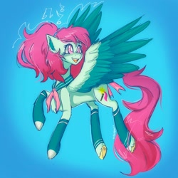 Size: 2048x2048 | Tagged: safe, artist:yumkandie, derpibooru import, oc, oc only, oc:aria, pegasus, pony, chest fluff, clothes, colored wings, eyebrows, eyebrows visible through hair, female, flying, music notes, ponytail, sailor uniform, socks, solo, uniform, wings