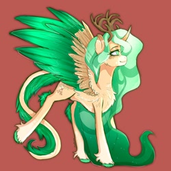 Size: 2048x2048 | Tagged: safe, artist:yumkandie, derpibooru import, oc, oc only, alicorn, hybrid, alicorn oc, antlers, chest fluff, ethereal mane, female, horn, multiple horns, solo, unshorn fetlocks, wings