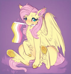 Size: 1814x1896 | Tagged: safe, artist:fussypaws, derpibooru import, fluttershy, pegasus, pony, blushing, cute, female, flag, headcanon, heart, hoof fluff, lesbian pride flag, looking at you, mouth hold, mouthpiece, pride, pride flag, purple background, raised hoof, raised leg, sexuality headcanon, shyabetes, simple background, sitting, solo, wings