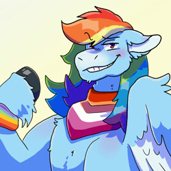 Size: 2000x2000 | Tagged: safe, artist:flyingeevees, derpibooru import, rainbow dash, pegasus, pony, bandana, blushing, bracelet, female, fluffy, gritted teeth, headcanon, jewelry, lesbian dash, lesbian pride flag, looking at you, mouthpiece, pride, pride flag, rainbow flag, raised eyebrow, raised hoof, raised leg, sexuality headcanon, simple background, solo, teeth, white background