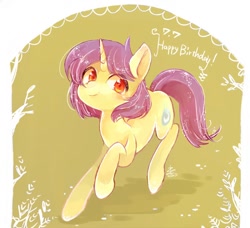 Size: 750x684 | Tagged: safe, artist:sibashen, derpibooru import, oc, oc only, pony, unicorn, female, happy birthday, horn, mare, raised hoof, raised leg, smiling, solo