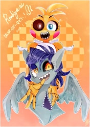 Size: 775x1100 | Tagged: safe, artist:sibashen, derpibooru import, oc, oc only, pegasus, pony, five nights at freddy's, japanese, looking at you, sharp teeth, teeth, toy chica, translation request, wings