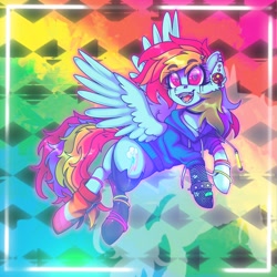 Size: 2048x2048 | Tagged: safe, artist:yumkandie, derpibooru import, rainbow dash, pegasus, pony, alternate design, amputee, bandaid, braces, clothes, ear piercing, earring, fishnet stockings, glowstick, hair accessory, heart, heart eyes, hoodie, jewelry, nose piercing, nose ring, piercing, prosthetic leg, prosthetic limb, prosthetics, socks, solo, spiked wristband, wingding eyes, wristband