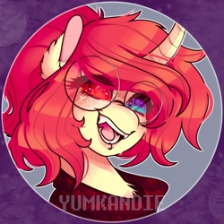 Size: 2048x2048 | Tagged: safe, artist:yumkandie, derpibooru import, oc, oc only, unicorn, bust, chest fluff, curved horn, fangs, female, glasses, heart, heart eyes, heterochromia, horn, lip piercing, open mouth, piercing, round glasses, solo, watermark, wingding eyes