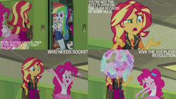 Size: 1280x720 | Tagged: safe, derpibooru import, edit, edited screencap, editor:quoterific, screencap, pinkie pie, rainbow dash, sunset shimmer, equestria girls, equestria girls series, sock it to me, spoiler:eqg series (season 2), clothes, cute, cutie mark on clothes, diapinkes, eyes closed, female, geode of empathy, geode of sugar bombs, grin, hallway, jewelry, lockers, magical geodes, necklace, open mouth, open smile, smiling, socks, text, trio