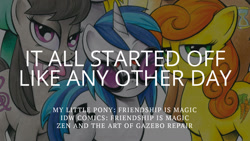 Size: 1280x720 | Tagged: safe, derpibooru import, edit, editor:quoterific, idw, carrot top, derpy hooves, dj pon-3, doctor whooves, golden harvest, lyra heartstrings, octavia melody, vinyl scratch, earth pony, pegasus, pony, unicorn, zen and the art of gazebo repair, female, looking at you, male, mare, offscreen character, smiling, smiling at you, stallion, text, trio focus