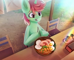 Size: 1617x1304 | Tagged: safe, artist:glumarkoj, derpibooru import, oc, oc only, pony, unicorn, bowl, chair, chopsticks, dexterous hooves, eating, egg (food), food, licking, licking lips, male, meat, noodles, ponies eating meat, ramen, table, tongue, tongue out