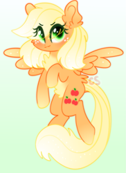 Size: 773x1061 | Tagged: safe, artist:computershits, derpibooru import, applejack, pegasus, pony, :3, >:3, alternate hairstyle, blushing, chest fluff, determined, ear fluff, ears, female, flapplejack, freckles, gradient background, gradient mane, green eyes, lightly watermarked, mare, race swap, raised hoof, raised leg, simple background, solo, spread wings, watermark, wings