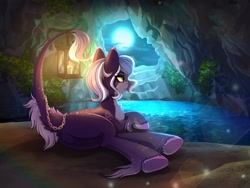 Size: 1600x1200 | Tagged: safe, artist:glumarkoj, derpibooru import, oc, oc only, oc:shandra, pony, butt, cave, chains, female, full moon, lantern, leonine tail, moon, moonlight, plot, solo, tail, unshorn fetlocks, water